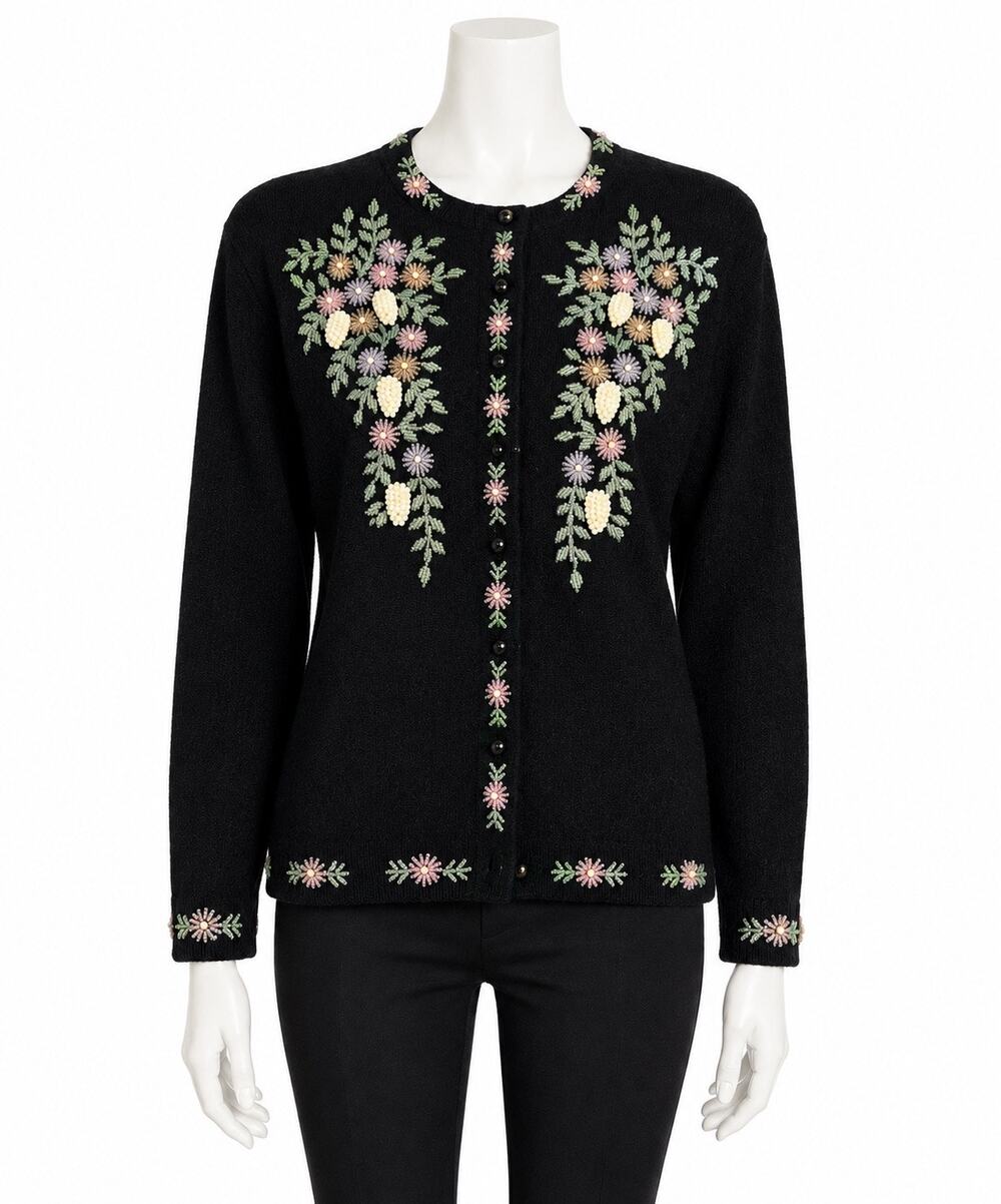 Vintage Black Beaded Floral Cardigan Sweater Pearl Embellished Size 44